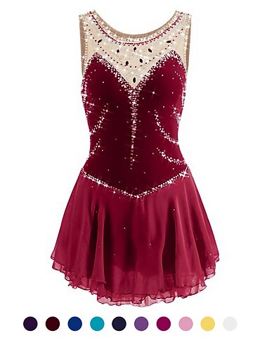  Robe de Patinage Artistique Femme Fille Patinage Robes Rose clair Bleu egeen Blanche Patchwork Maille Spandex Entrainement Competition Tenue de Patinage Fait a la main A Bijoux Strass Sans Manches