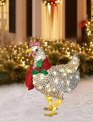 Decoración navideña de pollo luminoso con luces LED adorno de pollo iluminado con bufanda decoración de pollo iluminado para jardín o césped
