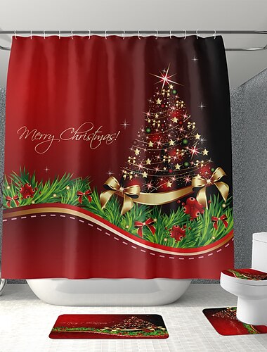 Kerstdecoratie douchegordijn met haken badkamer decor waterdichte stoffen douchegordijnset (4 stuks bevatten u-vorm tapijt, toiletdeksel, badmat, 180 * 180 cm douchegordijn)