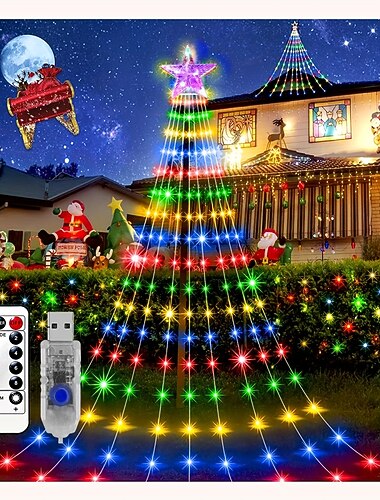 Julvattenfall String Ljus 198 Leds USB Flödande Vatten Ljus 9 Strip 2 meter 8 Ljussättningslägen med Fjärrkontroll Vattentät Lämplig för Fest Sovrum Vägg Blinkande Inomhus Utomhus Dekoration