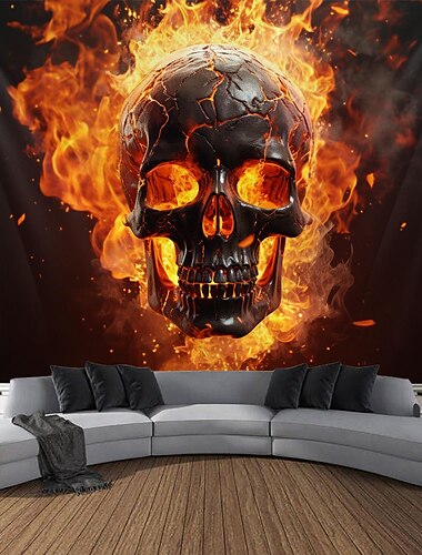 Tapisserie de feu d'Halloween crânes suspendue œuvre d'art murale grande tapisserie décor mural photographie toile de fond couverture rideau décor à la maison chambre salon
