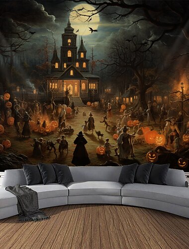 Halloween Jack O Lantern Citrouille Tapisserie Suspendue Art Mural Grande Tapisserie Décor Mural Photographie Toile de Fond Couverture Rideau Maison Chambre Salon Effrayant Ville Manoir Maison