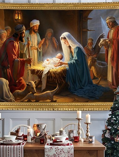 Decoraciones de Navidad escena de la Natividad Jesús bautismo colgante tapiz arte de la pared Navidad gran tapiz mural decoración fotografía telón de fondo manta cortina hogar dormitorio sala
