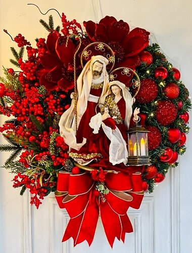 Corona navideña para exterior para puerta de entrada con luces LED, belén de Jesús, corona de invierno, decoración de pared para ventana, decoración de puerta de entrada trenzada artificial