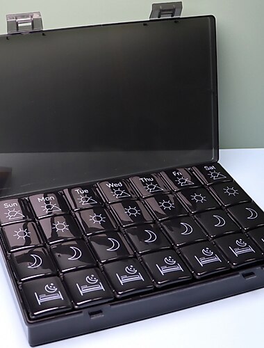 kuukausittainen pillerirasia 28 päivää, pillerirasia, lääkejärjestäjä, viikoittain järjestetty, iso 4 viikon pillerisäiliö pölytiivisellä kotelolla kalaöljyille, vitamiineille, ravintolisille