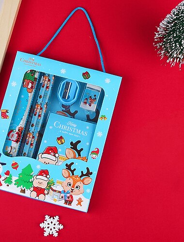 6pcs/set Christmas Portable Stationery Gift Box Set Contain 2 Pencils 1 Pencil Sharpener 1 Eraser 1 Ruler 1 Sticky Note Paper For Primary School Student Children Learning Gift Award