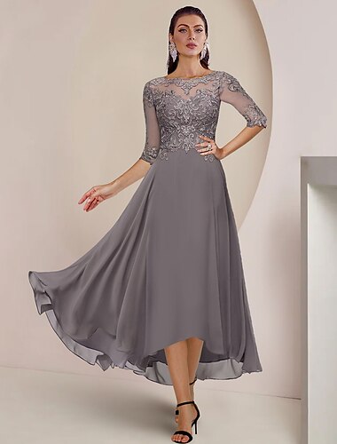  A-Line Mother of the Bride Dress Formal Wedding Guest Elegant High Low Scoop Neck Asymmetrical Tea Length Chiffon Lace Half Sleeve with Pleats Appliques 2024