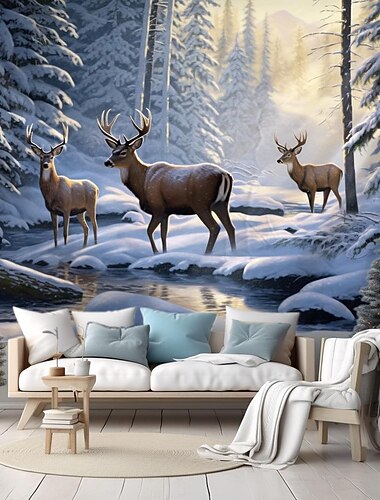winter wonderland hangende wandtapijt wandkunst groot wandtapijt muurschildering decor foto achtergrond deken gordijn huis slaapkamer woonkamer decoratie sneeuw rendier
