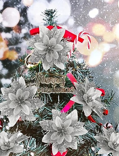 50db piros mikulásvirág műkarácsonyi dekor, csillogó mikulásvirág karácsonyfa virágdísz, barkácsolt karácsonyi koszorú dekor