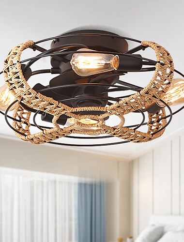 Ceiling Fan with Light and Remote 20 Cage Low Profile Bladeless Farmhouse Flush Mount Boho Ceiling Fans Light Enclosed Industrial Ceiling Fan 6 Speed Reversible with 4 Bulbs.