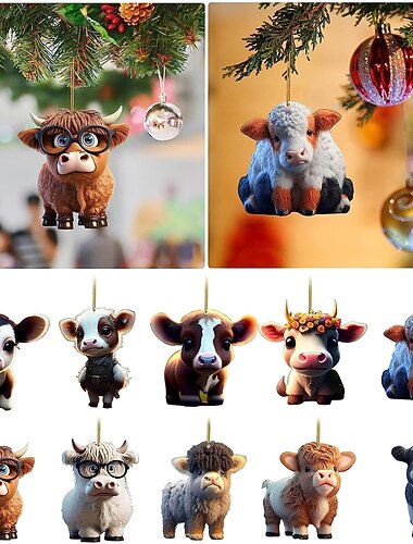 10ks/set Vánoční ozdoby na stromeček závěsné dekorace roztomilá kráva Vánoční ozdoba 2025 nová 2D akrylová řemesla závěsná ozdoba dekorace na novoroční večírky