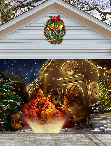 świąteczny baner na drzwi garażowe, święta Bożego Narodzenia w pomieszczeniach na zewnątrz, szczęśliwe tło, okładka dekoracji, świąteczny baner szczęśliwego nowego roku, duża osłona drzwi, świąteczne