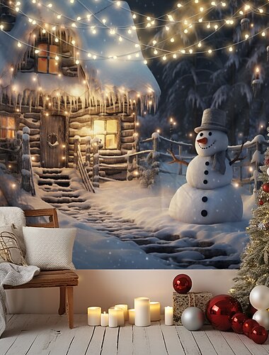 joulukoristeet roikkuu kuvakudos lumiukko lumi talvi ihmemaa seinä taide joulu iso kuvakudos seinämaalaus sisustus valokuva tausta peitto verho koti makuuhuone olohuone sisustus