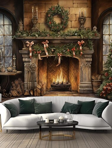 kerstversiering kerstboom hangend wandtapijt wandkunst kerstmis groot wandtapijt muurschildering decor foto achtergrond deken gordijn huis slaapkamer woonkamer decoratie open haard
