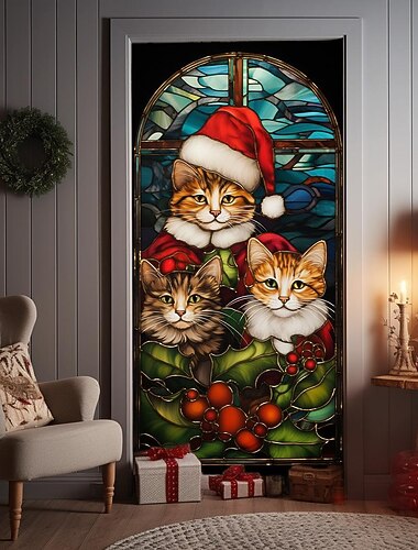 زينة باب عيد الميلاد، أغطية باب قطط من الزجاج الملون، ستائر باب مزخرفة، خلفية باب عيد الميلاد، لافتة باب للباب الأمامي، لوازم ديكور حفلات العطلات