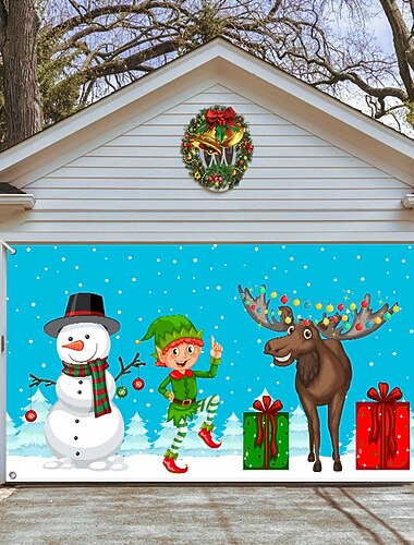 świąteczny baner na drzwi garażowe, święta Bożego Narodzenia w pomieszczeniach na zewnątrz, szczęśliwe tło, okładka dekoracji, świąteczny baner szczęśliwego nowego roku, duża osłona drzwi, świąteczne