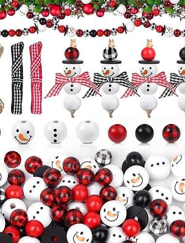 Perles de noël en bois, 80 pièces, ornements artisanaux, motif bonhomme de neige, perles rondes en bois pour bricolage, décoration de maison faite à la main pour fête de vacances