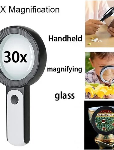 30-fache Handleselupe, beleuchtete Lupe, Mikroskopobjektiv, Schmuckuhr, Lupe, Lupe mit LED-Licht