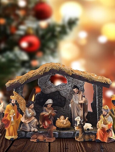 presepe in resina colorata con presepe - presepe natalizio per decorazioni natalizie per interni - decorazioni natalizie per famiglie presepe natalizio decorazione belen