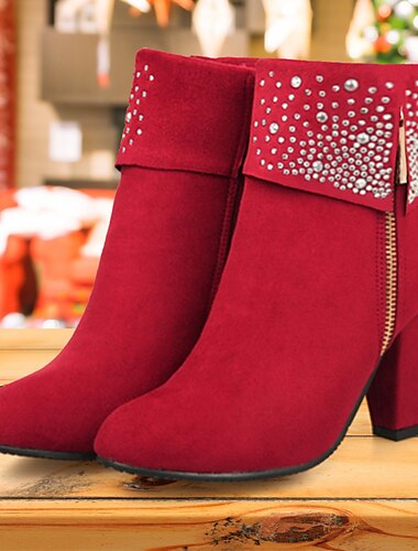  Women\'s Red Suede Ankle Boots with Rhinestone Embellishments and Block Heels – Festive Christmas Footwear for Parties and Holidays