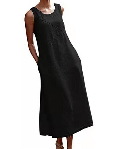  Women\'s Cotton Linen Dress Casual Dress Shift Dress Maxi long Dress Cotton Blend Stylish Basic Outdoor Holiday Date Crew Neck Pocket Sleeveless Summer Spring 2023 Loose Fit Black Gray Pure Color S M