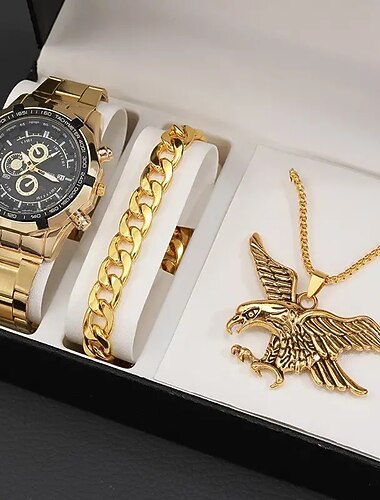 3pcs/set Montre Quartz Mode Homme Affaires  Collier Casual  Bracelet