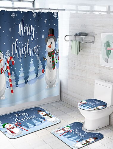 Weihnachts-Schneemann-Duschvorhang, wasserdichtes Vorhang-Set mit 12 Haken, weihnachtliches Badezimmerzubehör, Weihnachtsdekoration