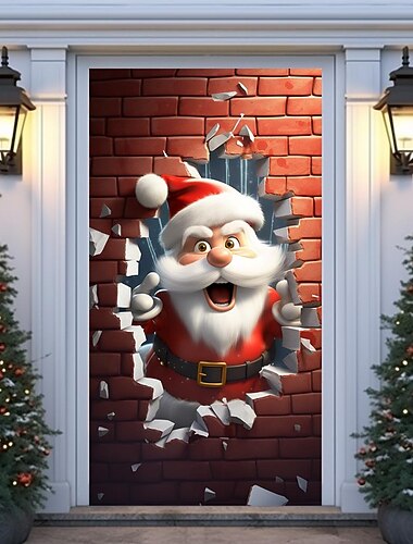 Weihnachtstürdekorationen, Weihnachtsmann, der die Wand bricht, Türabdeckungen, Türteppiche, Türvorhangdekoration, Weihnachtshintergrund, Türbanner für die Haustür, Urlaubsparty-Dekoration