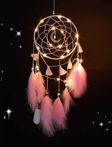 1pc Dream Catcher Handmade Gift Feather Hook Moon Pattern Wind Chime with One Circles Ornament Wall Hanging Decor Art Boho Style Without Light