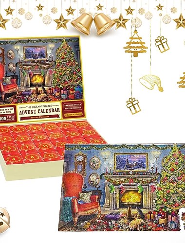 adventskalender 2024 julepuslespill blindboks jul ved peisen ferieoppgaver for voksne barn, 24 deler 1008 biter puslespill gave til nedtelling til jul
