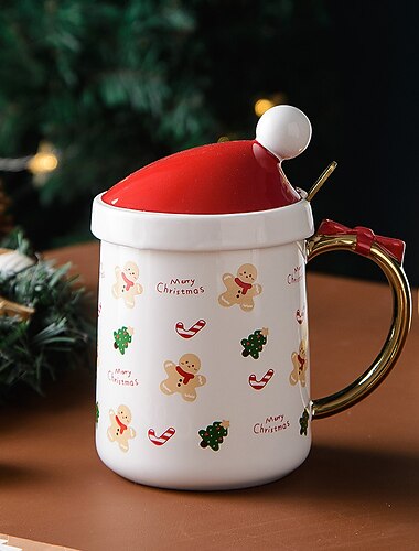 Tazza in ceramica natalizia da 400 ml con coperchio per cappello di Natale e cucchiaio d'oro tazza di tè al latte con acqua creativa simpatico regalo di Natale per bambini tazza di caffè per bambini