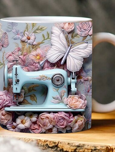 tasse à coudre 3D, machine à coudre florale 3D, tasse de machine à coudre 3D, tasse à café en céramique, emballage de tasse à café 3D, cadeau de couture pour les femmes, cadeau de Noël cadeau de Noël