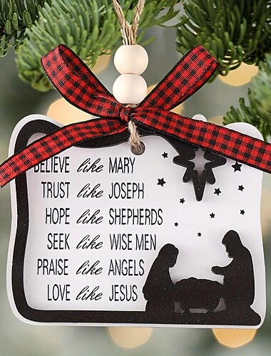 kerststal ornamenten geloven als Maria, vertrouwen als Jozef, hopen als herders, zoeken als wijzen, liefhebben als Jezus ornament, ronde houten Jezus teken kerststal ornamenten