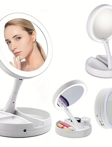 1 st opvouwbare make-upspiegel met led-licht opbergdoos organizer, dubbelzijdig 1x & 10x vergrotende intrekbare spiegel voor tafel, ijdelheid, cosmetica