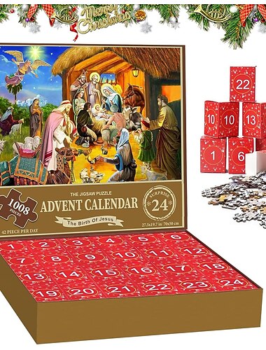 Calendario de Adviento de Navidad 2025 - Dando la bienvenida a la Natividad rompecabezas de calendario de adviento de Navidad de 24 cajas 1008 piezas de rompecabezas cuenta regresiva para Navidad