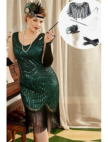 Goldene Zwanziger 1920er Knielang Kleid Flapper Kleid Outfits Übergröße Ärmellos Der große Gatsby Hochzeitsgast Pailletten Quastenfransen V Ausschnitt Kostüm Damen Weihnachten Karneval Maskerade