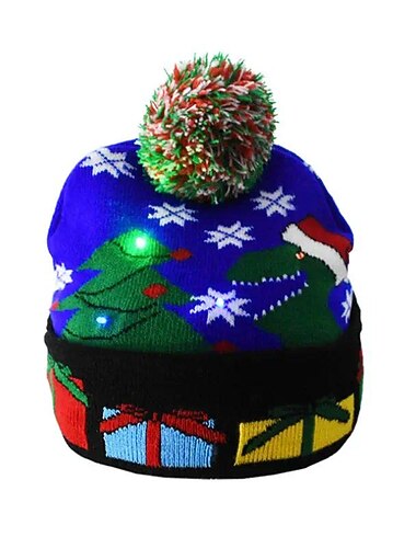 Christmas Beanies Hat Knit LED Light Hat, Light Up Christmas Hat for Unisex Winter Pom Hats, Holiday Party Beanie Cap Xmas Gifts Multicolor