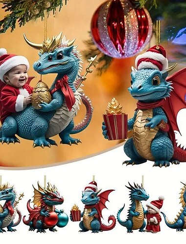 Lot de 5 décorations d'arbre de Noël en forme de dragon 2D en acrylique, décorations suspendues mignonnes en forme de dragon, ornement de Noël 2024, nouvel artisanat de dragon, ornement suspendu,