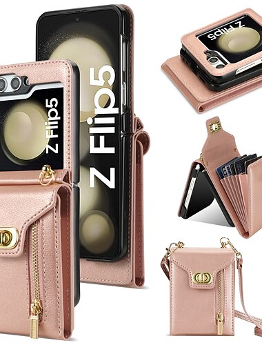 Phone Case For Samsung Galaxy Z Flip 7 Z Flip 6 Z Flip 5 Z Flip 4 Z Flip 3 Wallet Case Zipper with Lanyard PU Leather