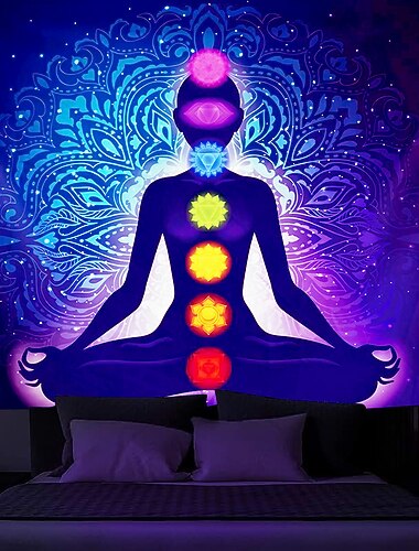blacklight billedvev uv reaktiv glød i mørket glød fest neon bohemsk meditasjon psykedelisk buddha chakra trippy tåkete hengende billedvev veggkunst veggmaleri for stue soverom