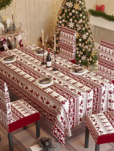 conjunto de capa de cadeira de toalha de mesa decorativa, toalha de mesa de férias resistente a rugas e água para mesas retangulares, capa de cadeira de jantar elástica de elastano para decoração
