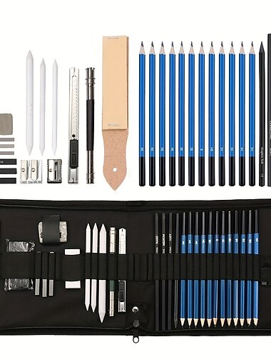 bview art lot de 32 crayons à dessin kit d'art de dessin professionnel avec crayons à croquis bâtons de charbon de graphite dans un étui portable fournitures de dessin pour étudiants adultes artistes