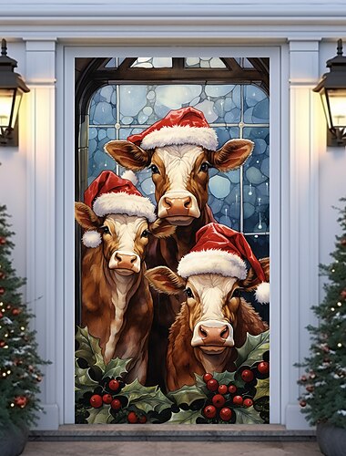 Weihnachts-Türdekorationen, Kuh-Türabdeckungen, Türteppiche, Türvorhänge, Weihnachtskulisse, Türbanner für die Haustür, Urlaubsparty-Dekoration