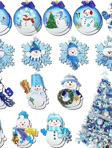 15 stuks houten kerst winter schattige blauwe sneeuwpop ronde hangende decoratie hanger voor buiten festival feestcadeau hanger decor ornament scène decor kamer decor huisdecoratie raamdecoratie