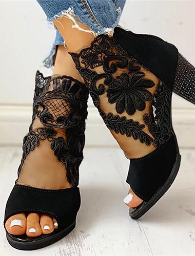  Women\'s Black High Heel Sandals with Lace Details and Open Toe for Elegant and Formal Wear