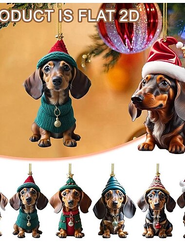 7 adornos navideños para perros, llavero acrílico impreso en 2D plano, adorno acrílico opcional y paquete de regalos conmemorativos con accesorios para espejo retrovisor de automóvil