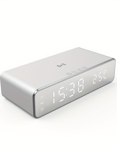 Digital vækkeur med trådløs oplader, stort LED-display med tid, dato og temperatur, 10w hurtig qi-oplader til iPhone og Android, USB-port, 12/24 timer, snooze til soveværelse, kontor