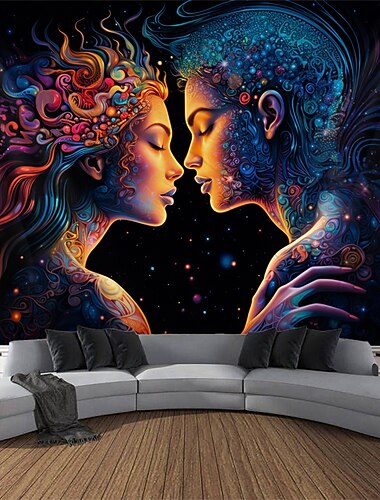 blacklight wandtapijt uv-reactief glow in the dark glow party neon trippy misty duel vrouwen hangend wandtapijt muurschildering voor woonkamer slaapkamer
