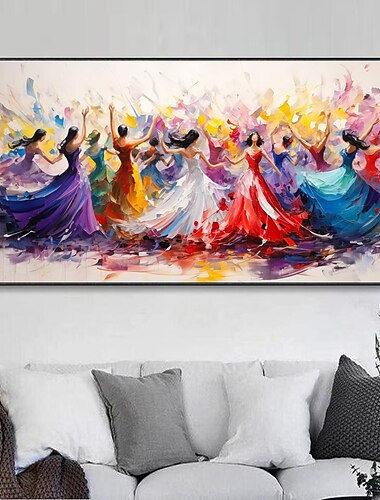 Pintura de menina dançando grande em tela, decoração de parede pintada à mão, arte de parede feminina colorida, tela extra grande, decoração de casa moderna, arte em tela de dançarina, decoração de