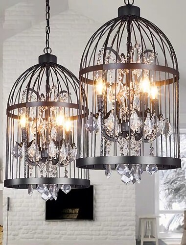 teollinen 13,78" 4 valoa riippuva retrokattokruunu vintage kattovalaisin lintuhäkin muotoinen makuuhuoneen riippuvalaisin, jossa on kristalliaksentti mustalla viimeistelyllä